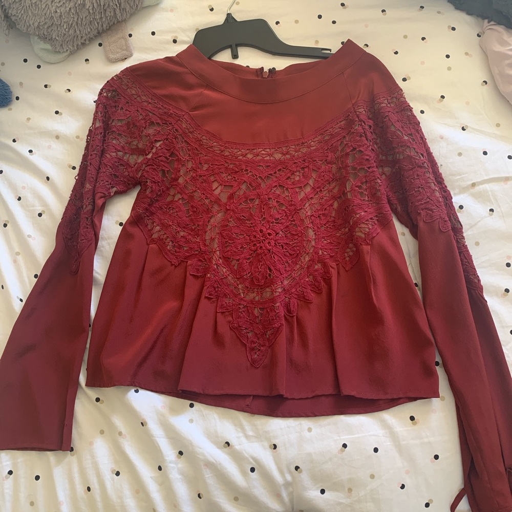 Red Lace Long Sleeve Peplum Top